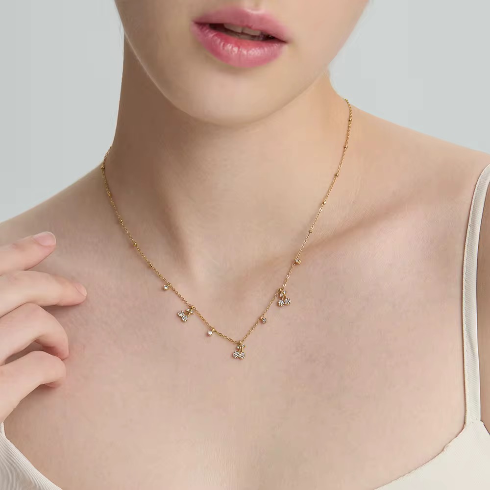 Cute Crystal Waterproof Cherry Charm Shaped Stainless Steel Necklaces for Women