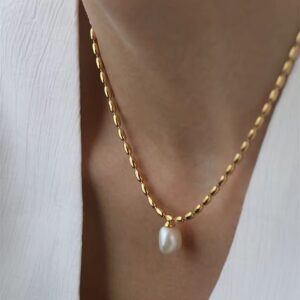 18K Gold Plated Necklaces Female Stainless Steel Real Pearl