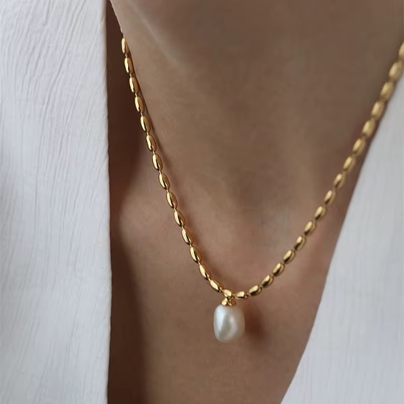 18K Gold Plated Necklaces Female Stainless Steel Real Pearl