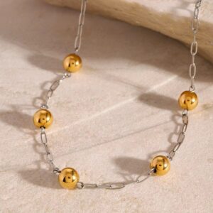 Stainless Steel Gold and Silver Contrast Round Ball Beads Simple Chain Versatile Choker Necklace Jewelry Woman