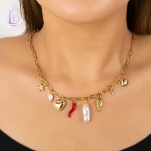Trendy Extra Long Stainless Steel Chokers Necklace with Link Chain Shell Heart Chili and Ceramic Accents-Gift