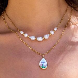 Summer Vintage Chic Women's Double-Layered Stainless Steel Necklace with Pearl Fashion Pendant Rope Chain