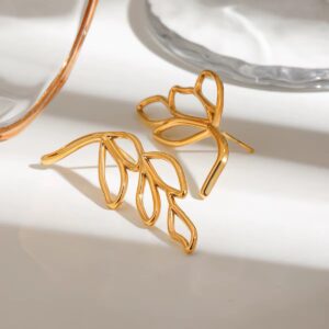 18K Gold Plated Stainless Steel Earrings Asymmetrical Hollow-Out Leaf Design Lightweight Hypoallergenic Dangle Jewelry