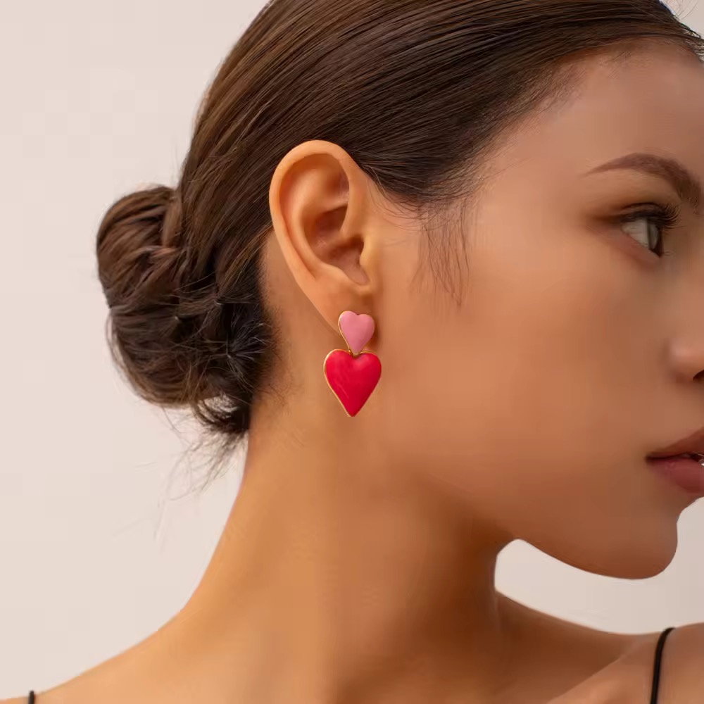 Fashion Gold Plating Stainless Steel Pink Red Enamel Love Heart Earrings