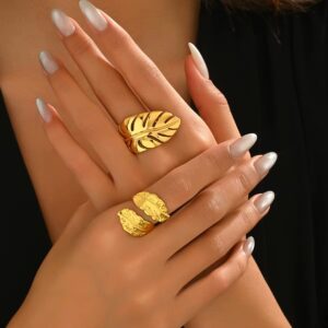 Modern 18K Gold Stainless Steel Open Ring Size 8 Glossy Leaf Feather Design