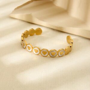 18K Gold Plated Stainless Steel Round White Enamel Oil Dripping Heart Bracelet