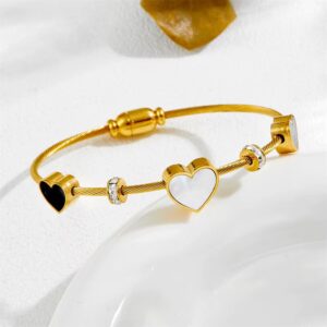 18K Gold Plated Shell Heart Charm Zircon Bangles Waterproof Stainless Steel