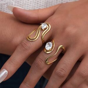 18K Gold Plate Stainless Steel Rings Modern Minimalist Lines Double-layer Hollow Geometric Large Zircon Open ring