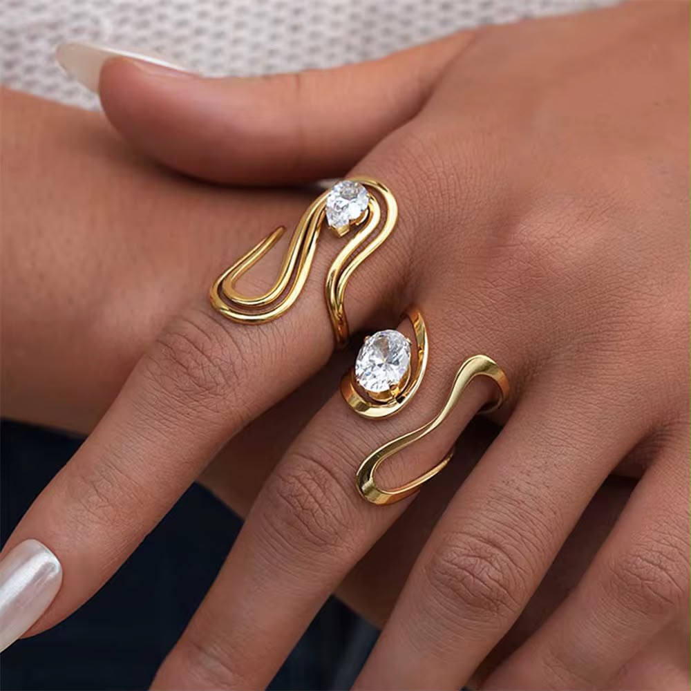 18K Gold Plate Stainless Steel Rings Modern Minimalist Lines Double-layer Hollow Geometric Large Zircon Open ring